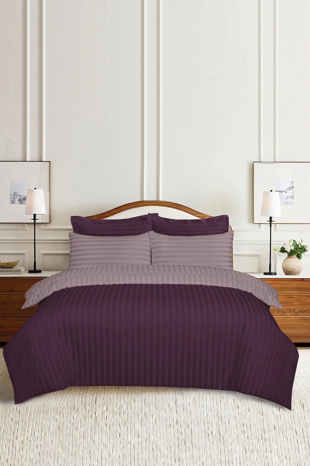 Plum and Mauve Light Stripe Satin T - 250 Duvet Cover Set - Nure Dubai