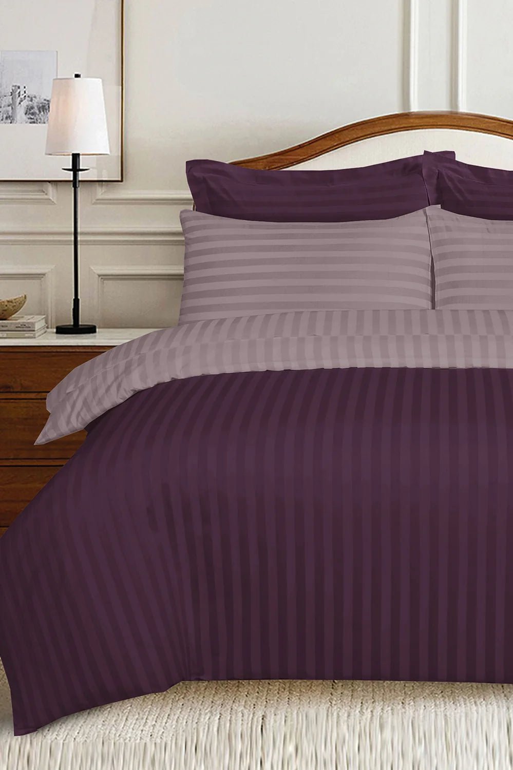 Plum and Mauve Light Stripe Satin T - 250 Duvet Cover Set - Nure Dubai
